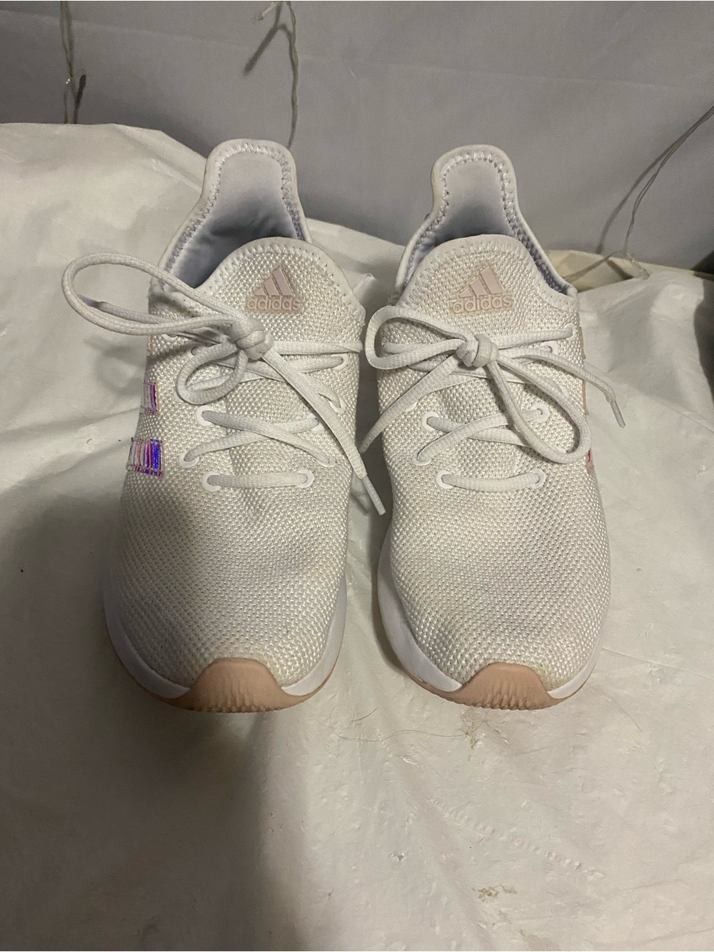 adidas women’s White Mesh Sneakers with Light Pink Accents